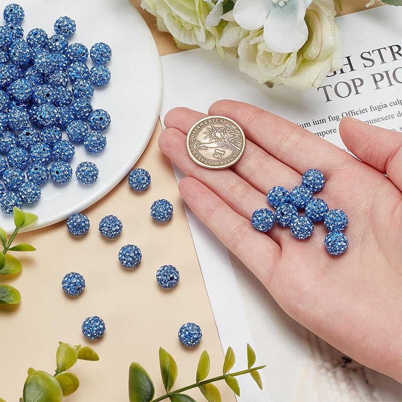 PH PandaHall 100pcs 10mm Blue Rhinestones Beads Pave Disco Ball Clay Beads Polymer Clay Rhinestone Bead Round Crystal Diamond Bead for Baseball Necklace Bracelet Earring Jewelry Making - Image 3